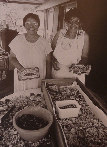 Lola Ryan and Mavis Longbottom creating art shellwork